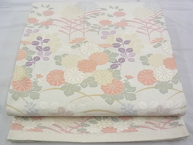 平和屋着物◎六通柄袋帯 ふくれ織り 秋草文 金銀糸 逸品 BAAI2628th