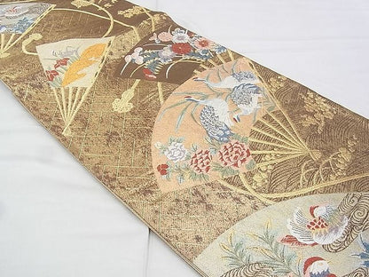 平和屋着物◎六通柄袋帯 唐織 扇面花鳥文 金糸 逸品 BAAI2632th