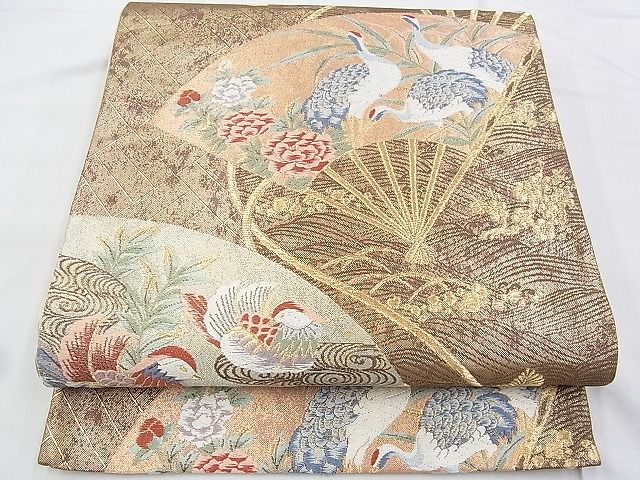 平和屋着物◎六通柄袋帯 唐織 扇面花鳥文 金糸 逸品 BAAI2632th