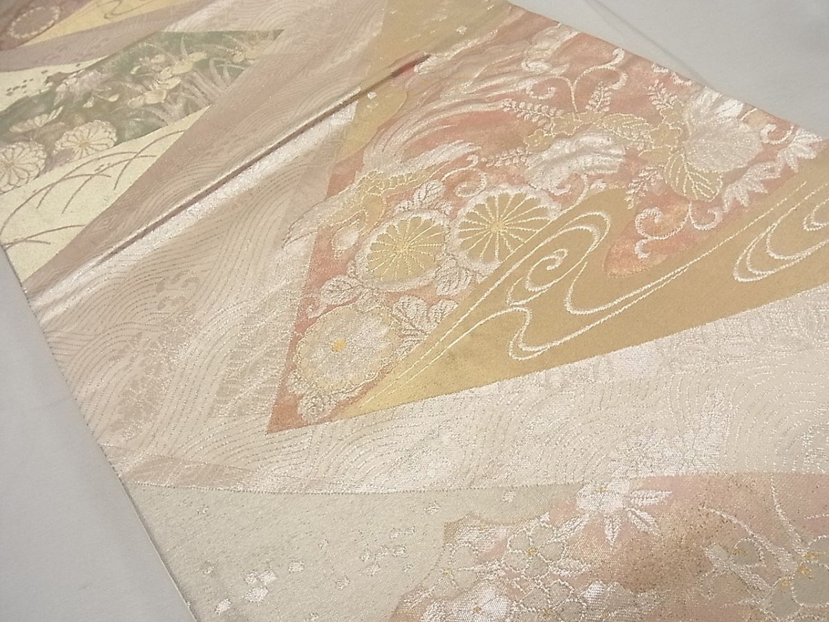 平和屋着物◎六通柄袋帯 色紙重ね流水草花文 金銀糸 逸品 CAAG5306ak