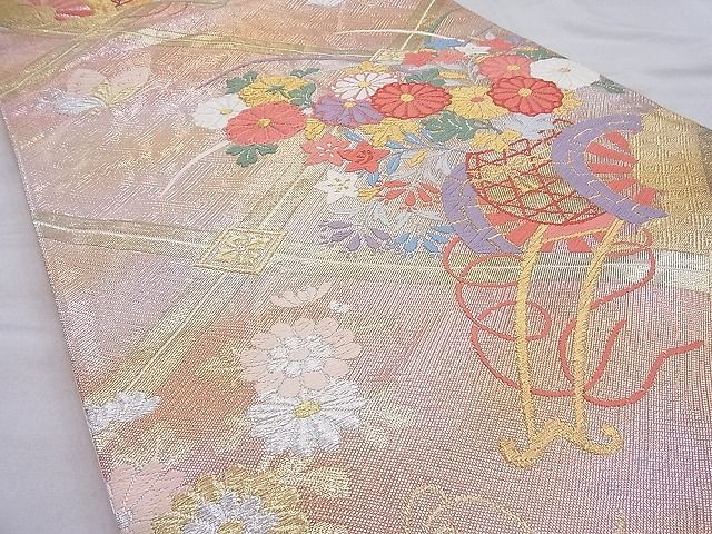 平和屋着物◎六通柄袋帯 唐織 菱天井舞蝶花車文 金銀糸 逸品 BAAI3812ea