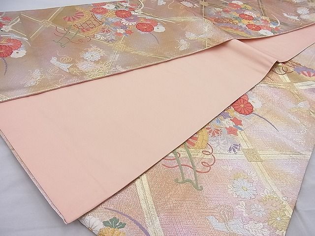平和屋着物◎六通柄袋帯 唐織 菱天井舞蝶花車文 金銀糸 逸品 BAAI3812ea