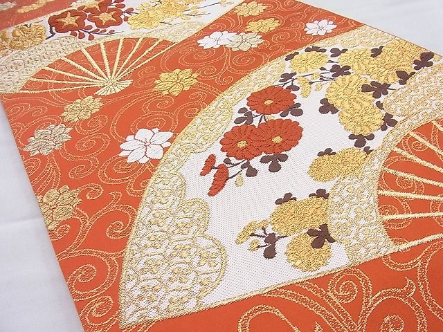 平和屋着物◎六通柄袋帯 唐織 扇面花唐草文 金糸 逸品 BAAI3816ea