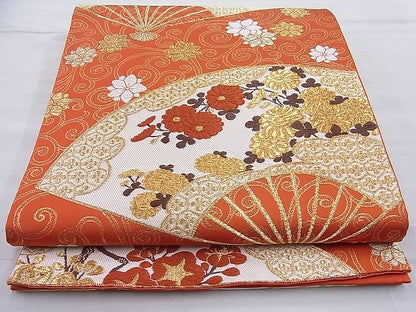 平和屋着物◎六通柄袋帯 唐織 扇面花唐草文 金糸 逸品 BAAI3816ea