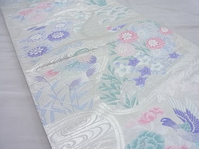 平和屋着物◎六通柄袋帯 唐織 変り網目花鳥文 銀糸 逸品 BAAI3897ea