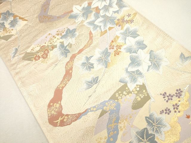 平和屋着物◎六通柄袋帯　流水地紙草花文　金銀糸　逸品　CAAG2314eg