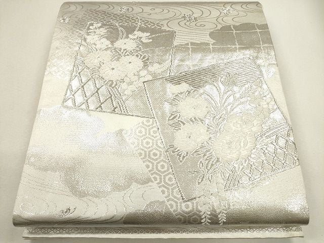 平和屋着物◎西陣 美保姿 六通柄袋帯 唐織 色紙重ね流水草花文 銀糸 逸品 CAAG2385eg