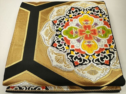 平和屋着物◎六通柄袋帯 じょうひん錦 正倉院亀甲花文 黒地 金銀糸 逸品 CAAG2411eg
