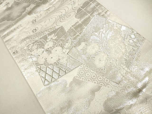 平和屋着物◎西陣 美保姿 六通柄袋帯 唐織 色紙重ね流水草花文 銀糸 逸品 CAAG2385eg
