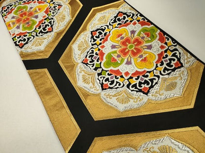 平和屋着物◎六通柄袋帯 じょうひん錦 正倉院亀甲花文 黒地 金銀糸 逸品 CAAG2411eg