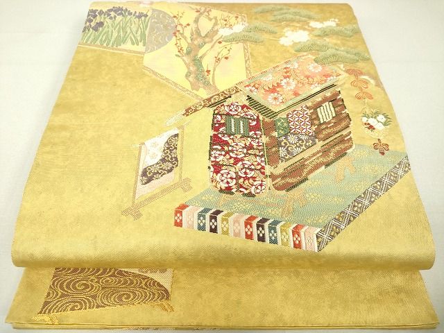 平和屋着物◎六通太鼓柄袋帯 風景花文 金糸 引箔 逸品 DAAH9503tw