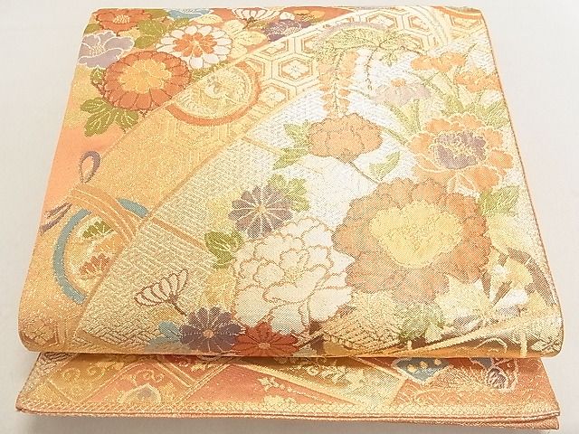 平和屋着物◎佐賀錦　六通柄袋帯　吉祥舞蝶草花文　金糸　逸品　DAAH0755cm