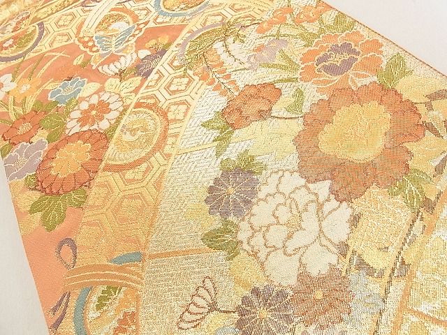 平和屋着物◎佐賀錦　六通柄袋帯　吉祥舞蝶草花文　金糸　逸品　DAAH0755cm
