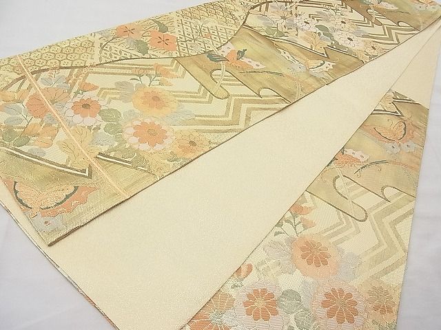 平和屋着物◎佐賀錦 六通柄袋帯 エ霞花蝶文 金糸 逸品 BAAI1231sa