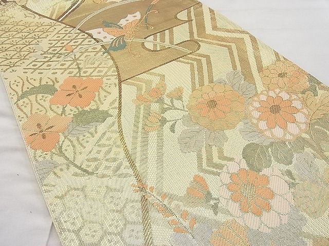 平和屋着物◎佐賀錦 六通柄袋帯 エ霞花蝶文 金糸 逸品 BAAI1231sa