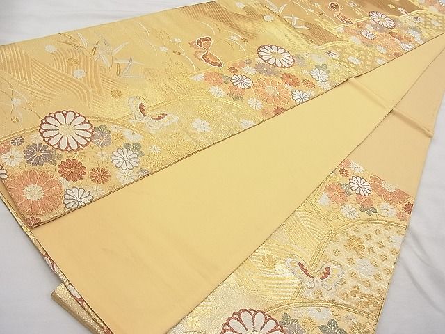 平和屋着物◎六通柄袋帯 唐織 舞蝶流水草花文 金銀糸 逸品 BAAI1288sa
