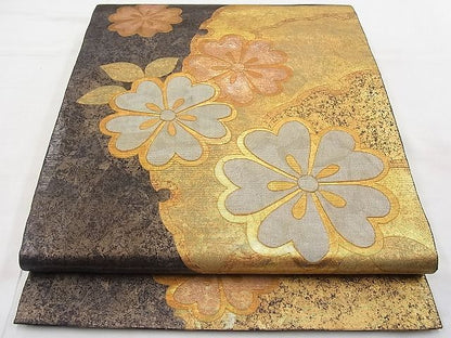 平和屋着物◎太鼓柄袋帯　雪輪舞桜文　黒地　金彩　引箔　逸品　BAAI1279sa
