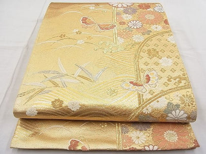 平和屋着物◎六通柄袋帯 唐織 舞蝶流水草花文 金銀糸 逸品 BAAI1288sa
