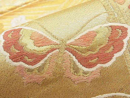 平和屋着物◎六通柄袋帯 唐織 舞蝶流水草花文 金銀糸 逸品 BAAI1288sa