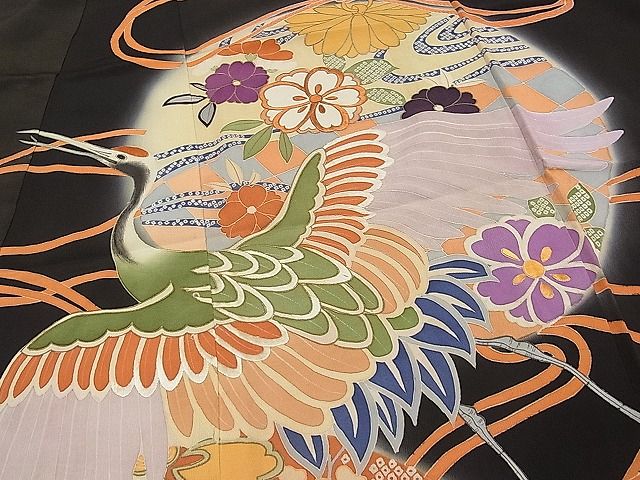 平和屋本店■極上　アンティーク　大正ロマン　振袖　手描き　駒刺繍　飛鶴風景鈴文　暈し染め　黒地　金彩　逸品　CYAA0486s4