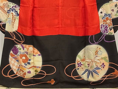 平和屋本店■極上　アンティーク　大正ロマン　振袖　手描き　駒刺繍　飛鶴風景鈴文　暈し染め　黒地　金彩　逸品　CYAA0486s4