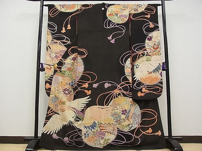 平和屋本店■極上　アンティーク　大正ロマン　振袖　手描き　駒刺繍　飛鶴風景鈴文　暈し染め　黒地　金彩　逸品　CYAA0486s4