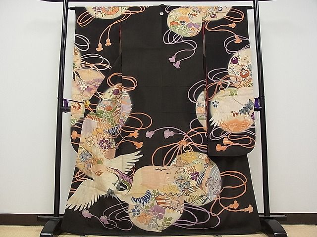 平和屋本店■極上　アンティーク　大正ロマン　振袖　手描き　駒刺繍　飛鶴風景鈴文　暈し染め　黒地　金彩　逸品　CYAA0486s4