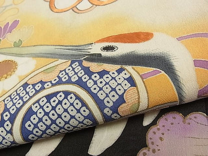 平和屋本店■極上　アンティーク　大正ロマン　振袖　手描き　駒刺繍　飛鶴風景鈴文　暈し染め　黒地　金彩　逸品　CYAA0486s4