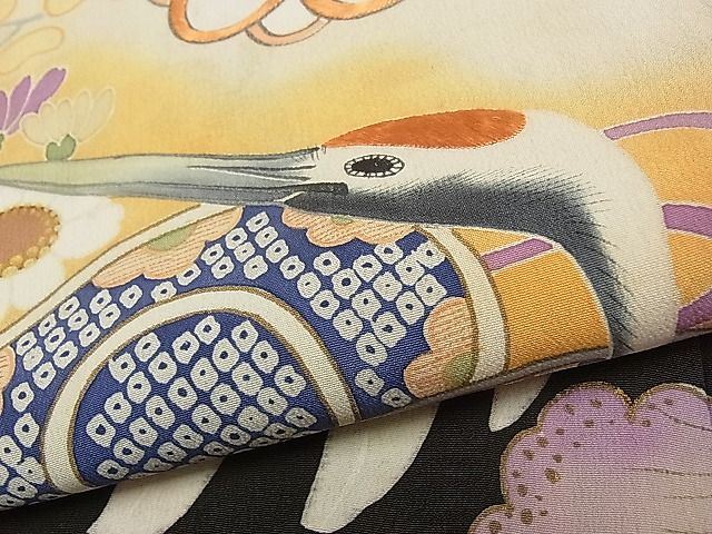 平和屋本店■極上　アンティーク　大正ロマン　振袖　手描き　駒刺繍　飛鶴風景鈴文　暈し染め　黒地　金彩　逸品　CYAA0486s4