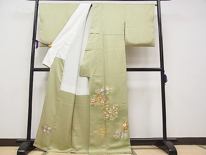 平和屋本店●極上 野口彦太郎 大彦三代目 江戸染繍友禅 色留袖 駒刺繍 草花文 暈し染め 高島屋扱い 柳茶色地 逸品 CYAA0511s4