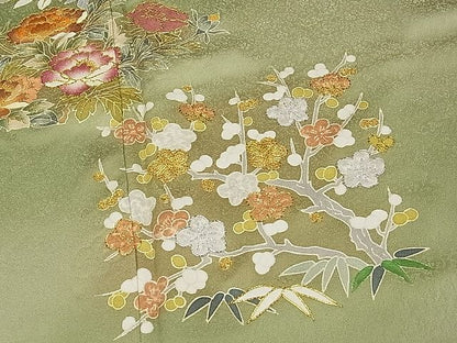 平和屋本店●極上 野口彦太郎 大彦三代目 江戸染繍友禅 色留袖 駒刺繍 草花文 暈し染め 高島屋扱い 柳茶色地 逸品 CYAA0511s4