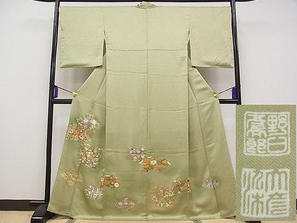 平和屋本店●極上 野口彦太郎 大彦三代目 江戸染繍友禅 色留袖 駒刺繍 草花文 暈し染め 高島屋扱い 柳茶色地 逸品 CYAA0511s4