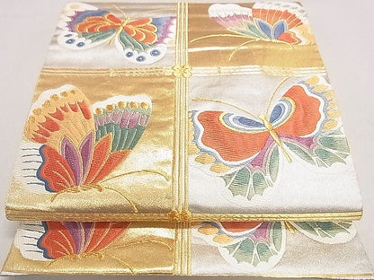 平和屋着物◎六通柄袋帯 唐織 格子彩蝶文 金彩 逸品 DAAH0259ya