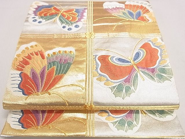 平和屋着物◎六通柄袋帯 唐織 格子彩蝶文 金彩 逸品 DAAH0259ya
