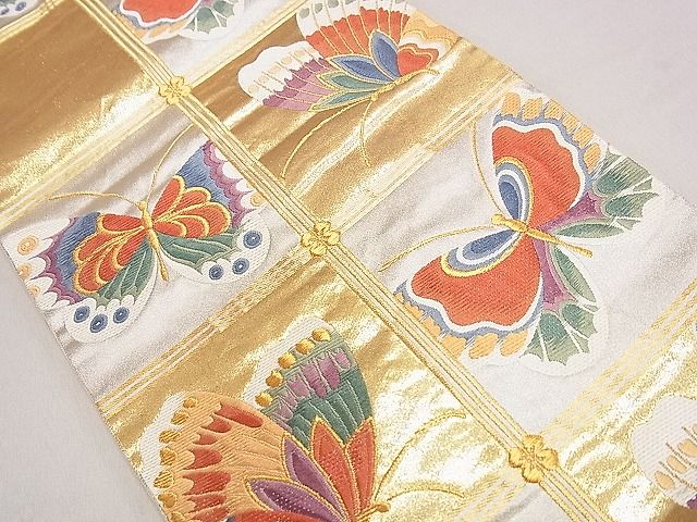 平和屋着物◎六通柄袋帯 唐織 格子彩蝶文 金彩 逸品 DAAH0259ya