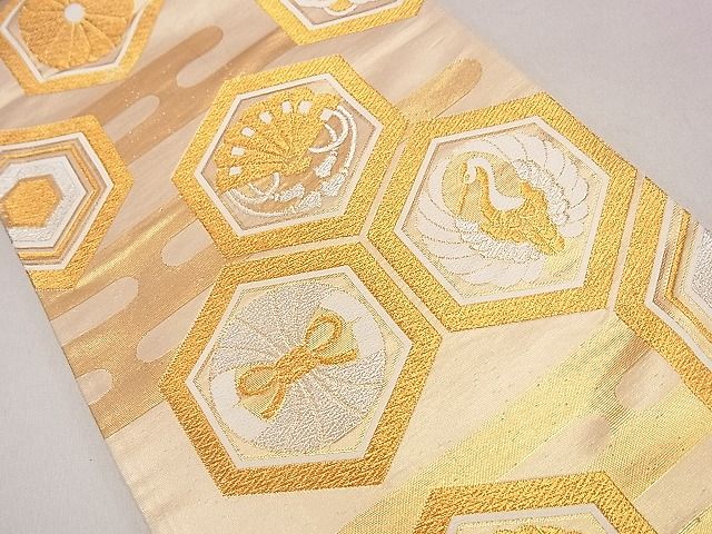 平和屋着物◎六通柄袋帯 エ霞飛鶴亀甲文 金銀糸 逸品 DAAH0270ya