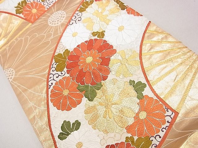 平和屋着物◎六通柄袋帯 唐織 菊唐草扇面 金糸 逸品 DAAH0292ya
