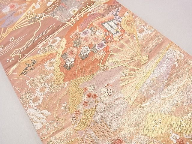 平和屋着物◎六通柄袋帯 御所車扇面花文 金糸 逸品 DAAH0294ya
