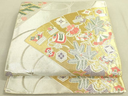 平和屋着物◎六通柄袋帯　唐織　宝尽くし　吉祥檜扇花文　金銀糸　逸品　DAAH4520yyy