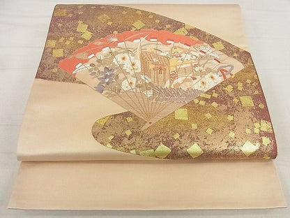 平和屋着物■太鼓柄袋帯 刺繍 檜扇御所車花文 金彩 DAAF6919du