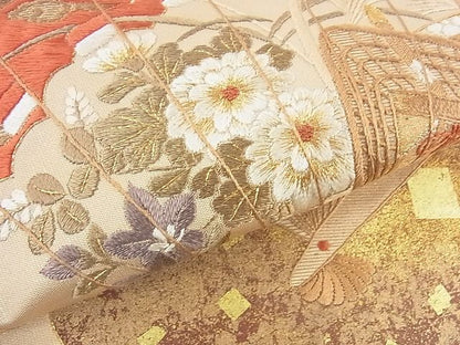 平和屋着物■太鼓柄袋帯 刺繍 檜扇御所車花文 金彩 DAAF6919du