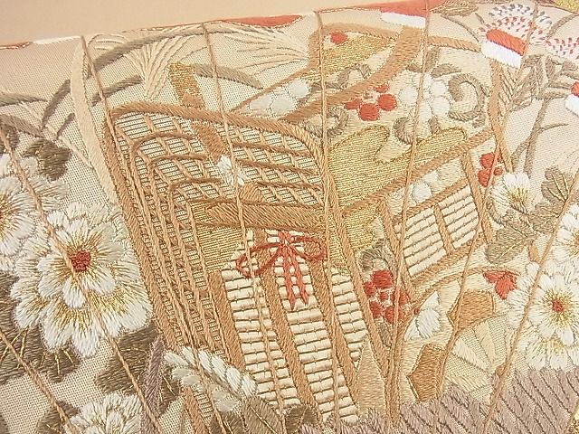 平和屋着物■太鼓柄袋帯 刺繍 檜扇御所車花文 金彩 DAAF6919du