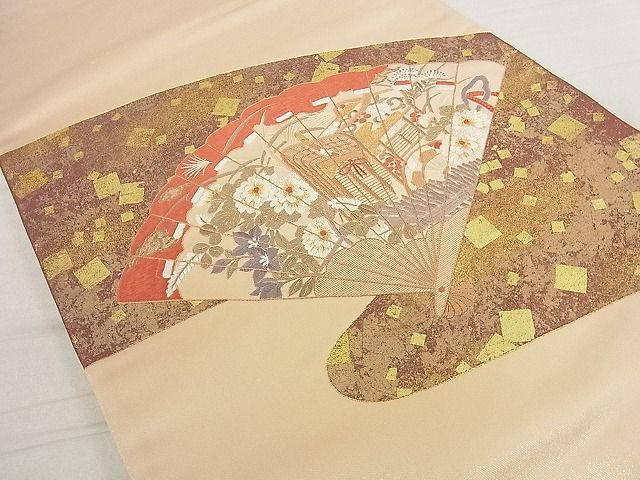 平和屋着物■太鼓柄袋帯 刺繍 檜扇御所車花文 金彩 DAAF6919du