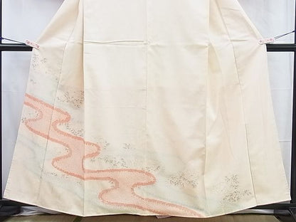 平和屋着物■訪問着 紬地 手描き 絞り 流水牡丹文 逸品 BAAI1518pk