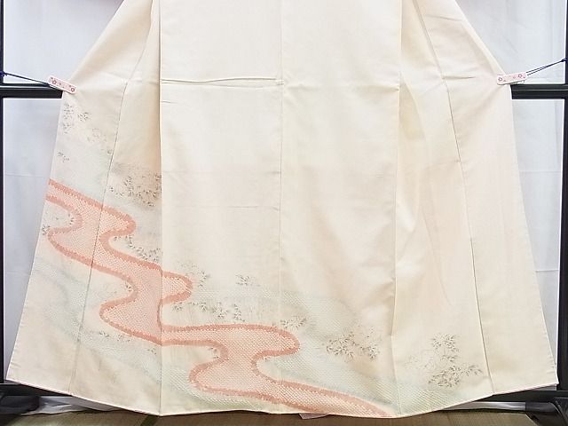 平和屋着物■訪問着 紬地 手描き 絞り 流水牡丹文 逸品 BAAI1518pk
