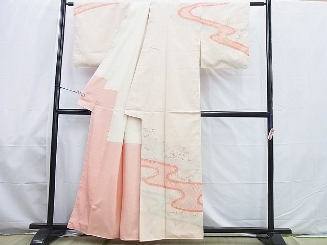 平和屋着物■訪問着 紬地 手描き 絞り 流水牡丹文 逸品 BAAI1518pk