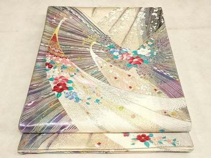 平和屋着物◎六通柄袋帯　孔雀花文　金銀糸　正絹　逸品　AAAJ4608Apf