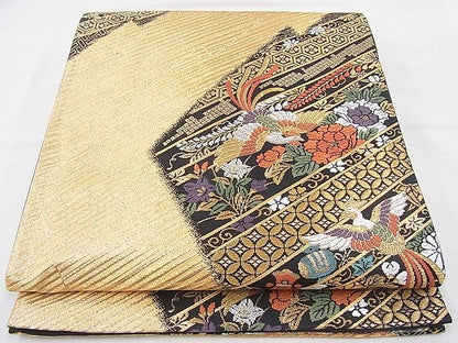 平和屋着物◎六通柄袋帯　唐織　鳳凰松皮菱花文　黒地　金銀糸　逸品　BAAI2030ns