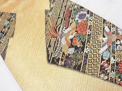 平和屋着物◎六通柄袋帯　唐織　鳳凰松皮菱花文　黒地　金銀糸　逸品　BAAI2030ns