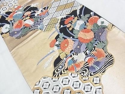 平和屋着物◎六通柄袋帯 唐織 流水鴛鴦花文 黒地 金銀糸 逸品 BAAI6573ns